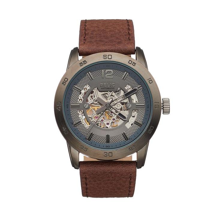 Relic Men's Kyle Leather Automatic Skeleton Watch, Size: Large, Brown