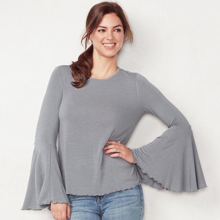 Women's Lc Lauren Conrad Striped Flare-sleeve Tee, Size: Small, Grey