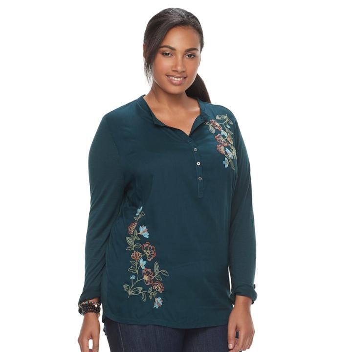 Plus Size Sonoma Goods For Life&trade; Embroidered Henley Peasant Top, Women's, Size: 3xl, Dark Blue