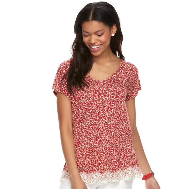 Juniors' Rewind Crochet-hem Cross-back Tee, Teens, Size: Xs, Brt Red