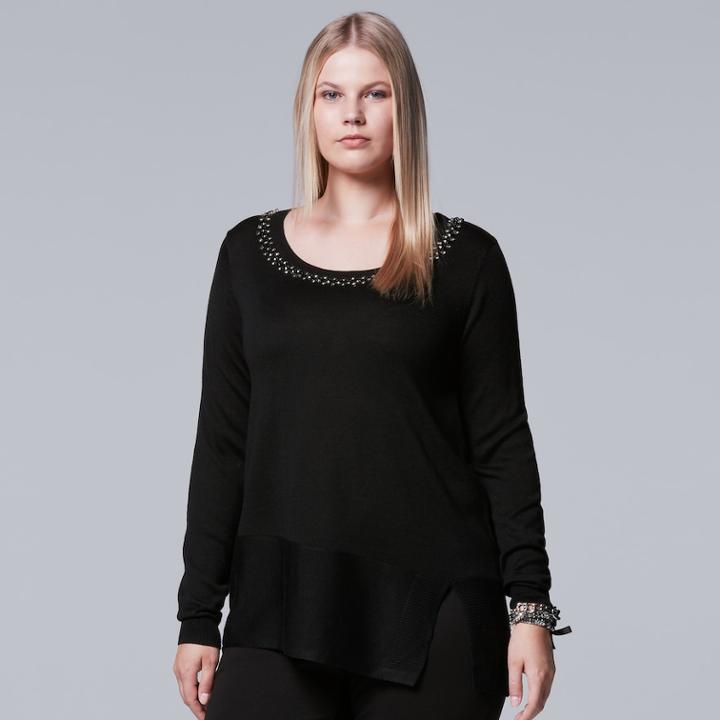 Plus Size Simply Vera Vera Wang Embellished Neckline Sweater, Women's, Size: 1xl, Black