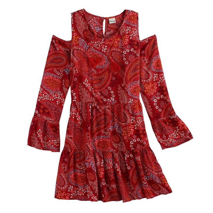 Girls 7-16 & Plus Size Mudd&reg; Cold-shoulder Bell Sleeve Patterned Dress, Size: 16, Brt Orange