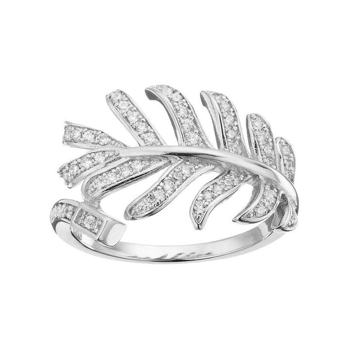 Fleur Silver Tone Cubic Zirconia Feather Ring, Women's, Size: 8, Grey