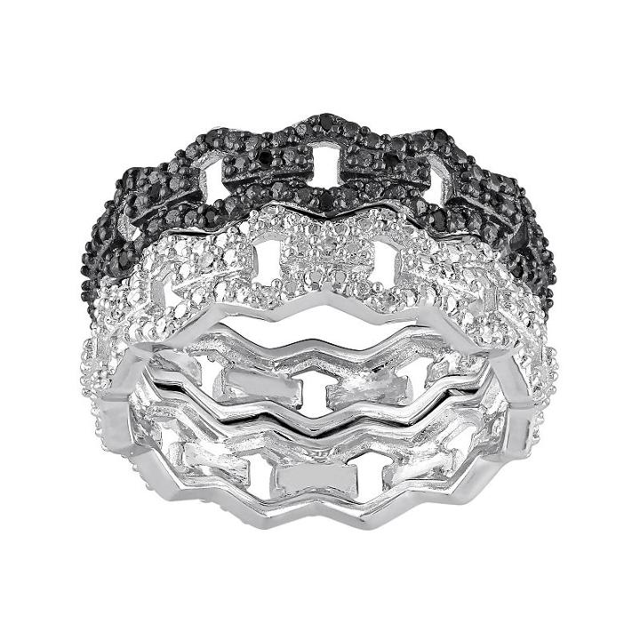 1/8 Carat T.w. Black & White Diamond Sterling Silver Chain Link Ring Set, Women's, Size: 5
