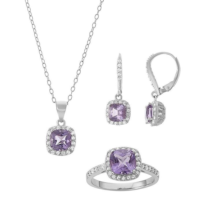 Sterling Silver Amethyst & Lab-created White Sapphire Halo Jewelry Set, Women's, Size: 7, Purple