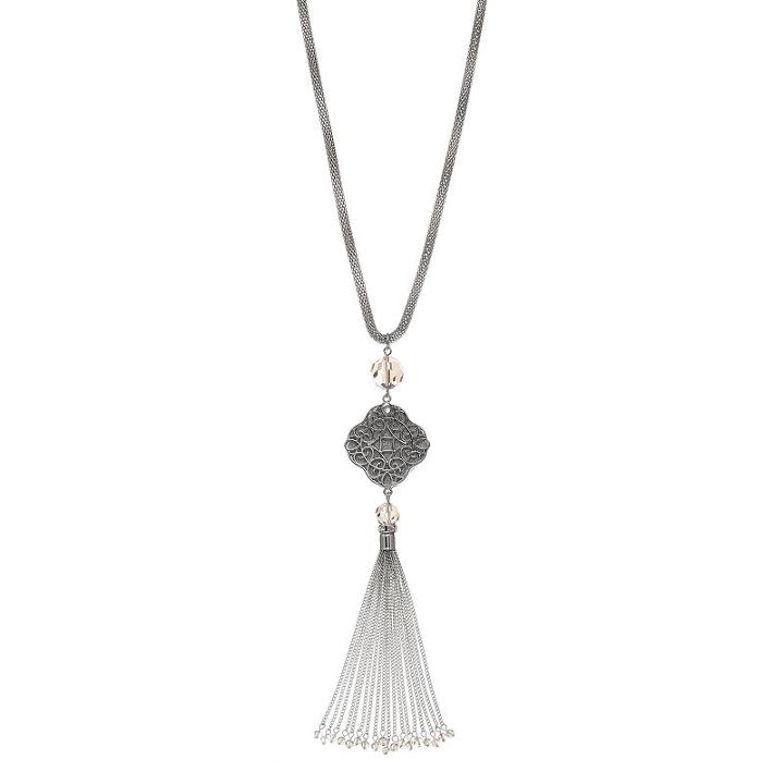 Glittery Filigree Medallion Long Tassel Pendant Necklace, Women's, Silver