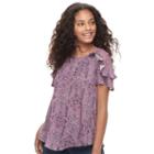 Juniors' Rewind Lace Inset Ruffle Sleeve Top, Teens, Size: Medium, Drk Purple
