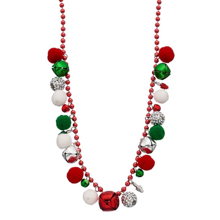 Jingle Bell & Pom Pom Beaded Necklace, Women's, Multicolor