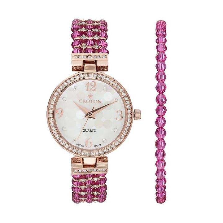 Croton Women's Austrian Crystal Watch & Beaded Bracelet Set, Purple