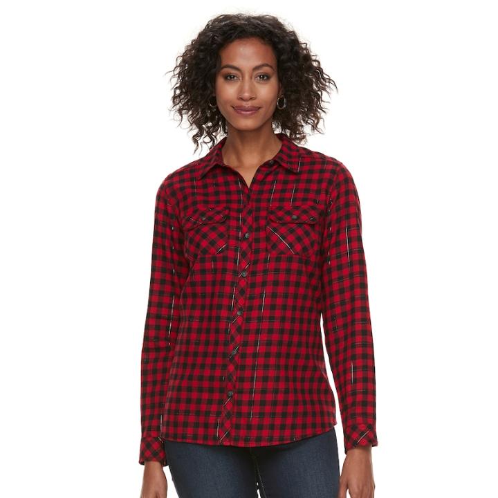 Women's Croft & Barrow&reg; Flannel Plaid Button-down Shirt, Size: Large, Med Red
