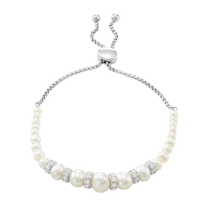 Sterling Silver Freshwater Cultured Pearl & Lab-created White Sapphire Bolo Bracelet, Women's