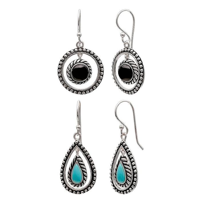 Sterling Silver Lab-created Onyx & Simulated Turquoise Hoop Drop & Teardrop Earring Set, Women's, Multicolor