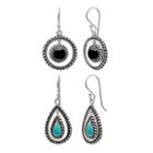 Sterling Silver Lab-created Onyx & Simulated Turquoise Hoop Drop & Teardrop Earring Set, Women's, Multicolor