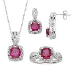 Lab-created Ruby And Diamond Accent Silver-plated Square Halo Pendant Necklace, Ring And Drop Earring Set, Women's, Size: 18, Red