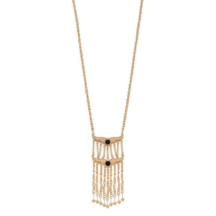 Black Stone Long Filigree Fringe Necklace, Women's, Gold