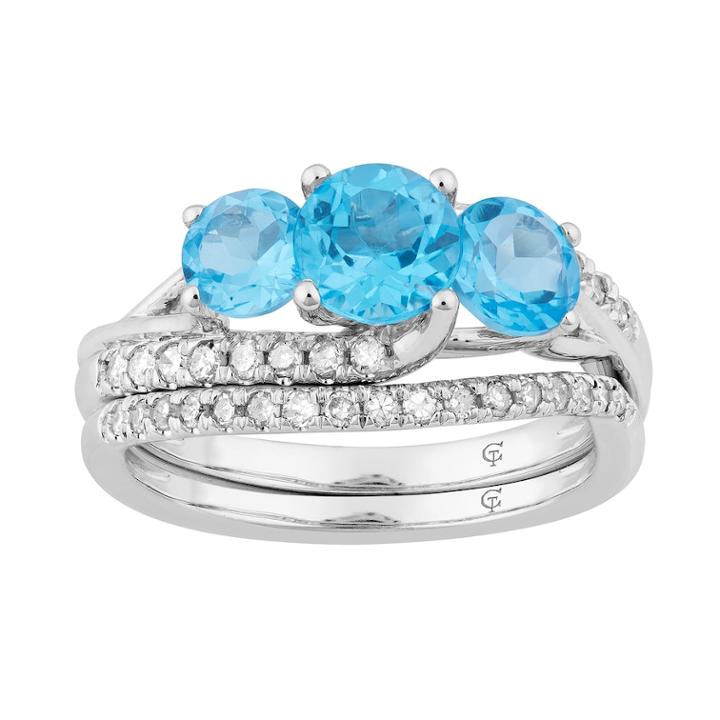 10k White Gold Swiss Blue Topaz & 3/8 Carat T.w. Diamond 3-stone Ring, Women's