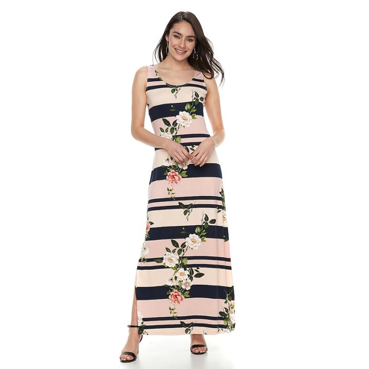 Women's Nina Leonard Floral Striped Maxi Dress, Size: Medium, Blue