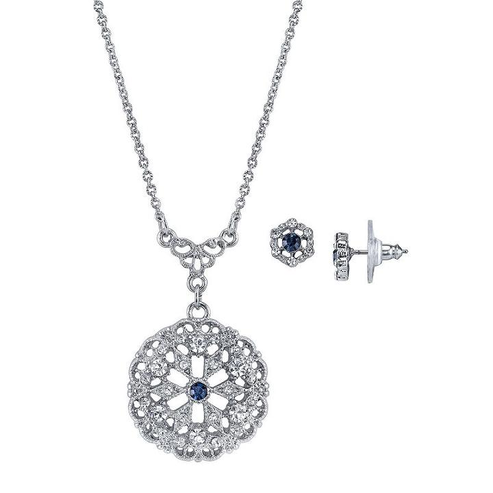 Downton Abbey Filigree Necklace & Stud Earring Set, Women's, Size: 16, Blue