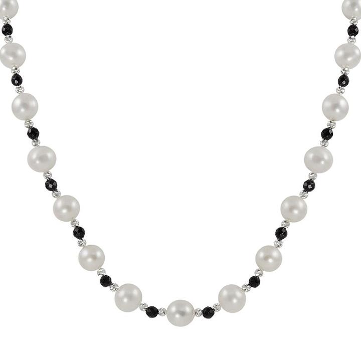Sterling Silver Freshwater Cultured Pearl And Onyx Bead Necklace, Women's, Black
