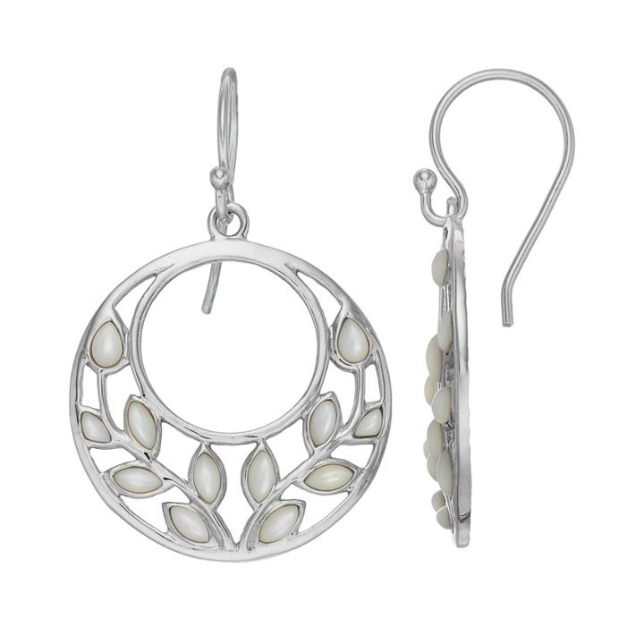 Sterling Silver Mother-of-pearl Leaf Hoop Drop Earrings, Women's, White