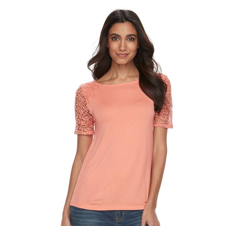 Petite Apt. 9&reg; Crochet Sleeve Tee, Women's, Size: M Petite, Lt Orange