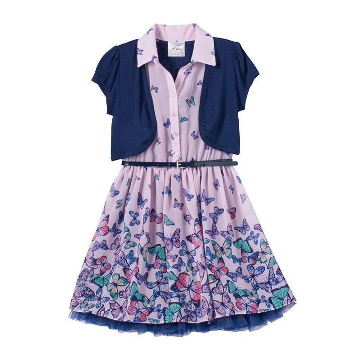 Girls 4-6x Short Sleeve Jacket & Butterfly Button-front Shirtdress With Belt, Girl's, Size: 5, Blue (navy)