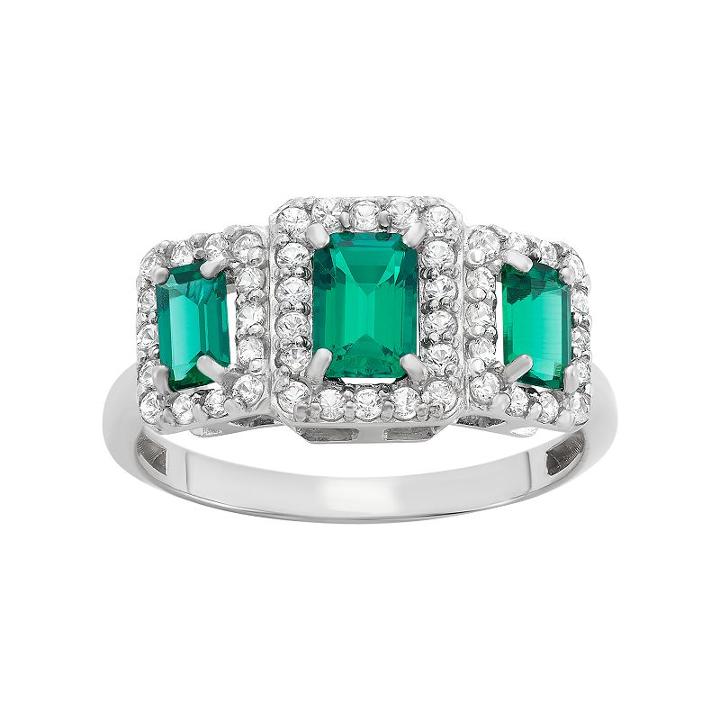 Sterling Silver Simulated Emerald & Lab-created White Sapphire 3-stone Ring, Women's, Size: 5, Green