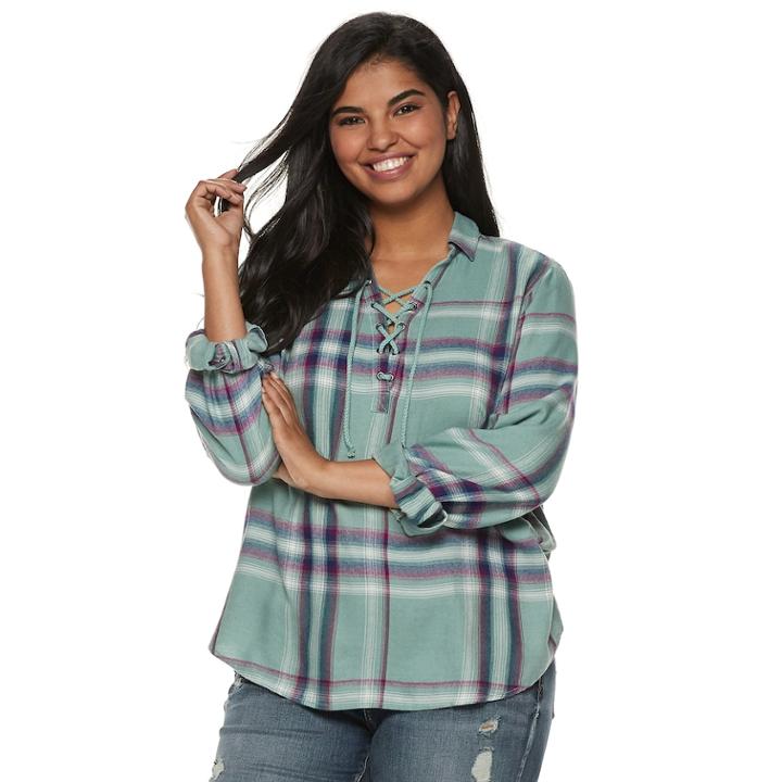 Juniors' Plus Size Mudd&reg; Plaid Lace-up Flannel Shirt, Teens, Size: 1xl, Med Blue