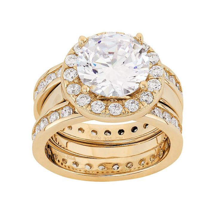 Cubic Zirconia Halo Engagement Ring Set In Sterling Silver, Women's, Size: 10, White