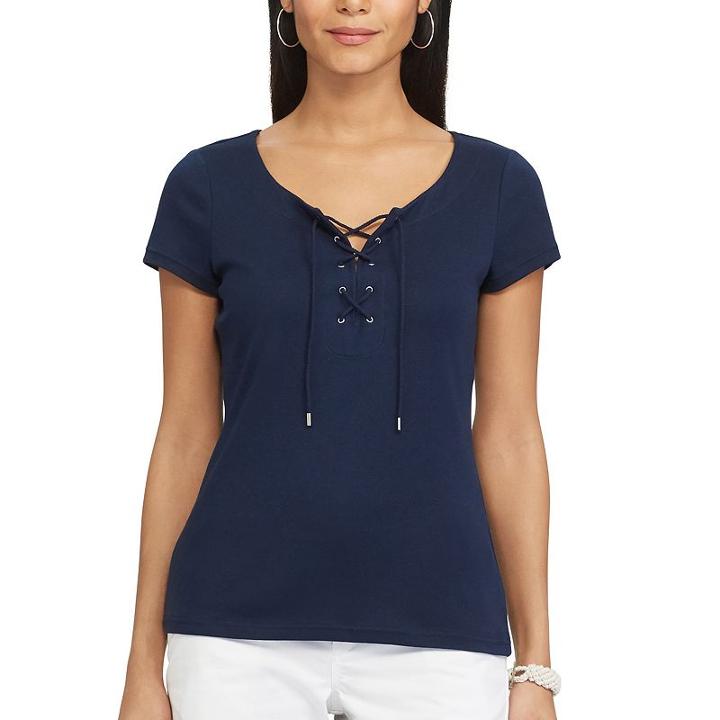 Women's Chaps Lace-up Tee, Size: Xxl, Blue (navy)