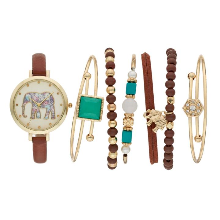Women's Elephant Watch & Bracelet Set, Size: Medium, Brown