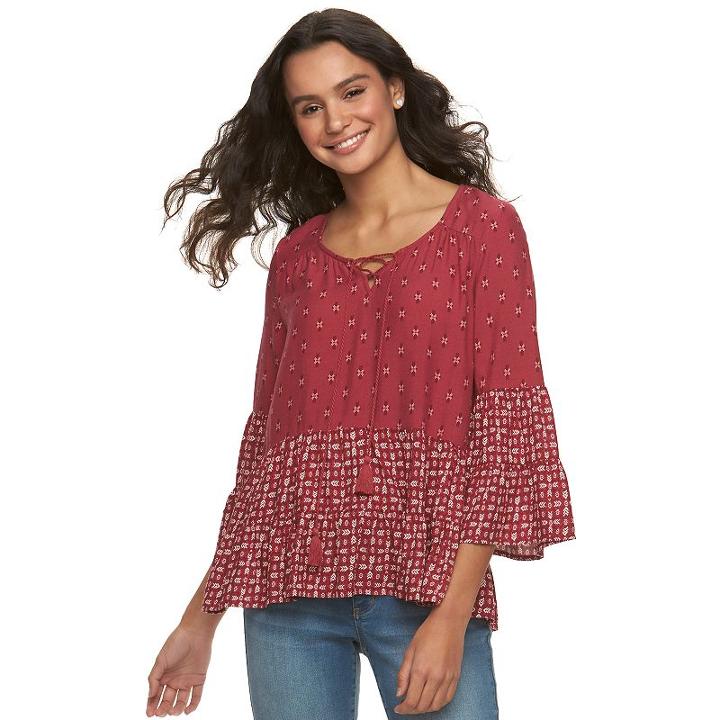 Juniors' Mudd&reg; Printed Lace-up Peasant Top, Girl's, Size: Medium, Med Red