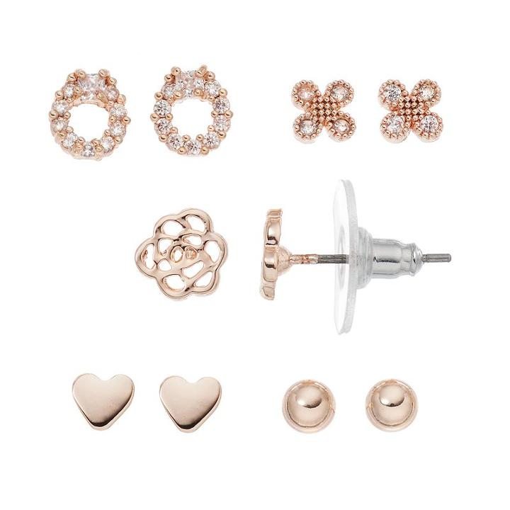Lc Lauren Conrad Cubic Zirconia Heart & Flower Nickel Free Stud Earring Set, Women's, Brt Pink