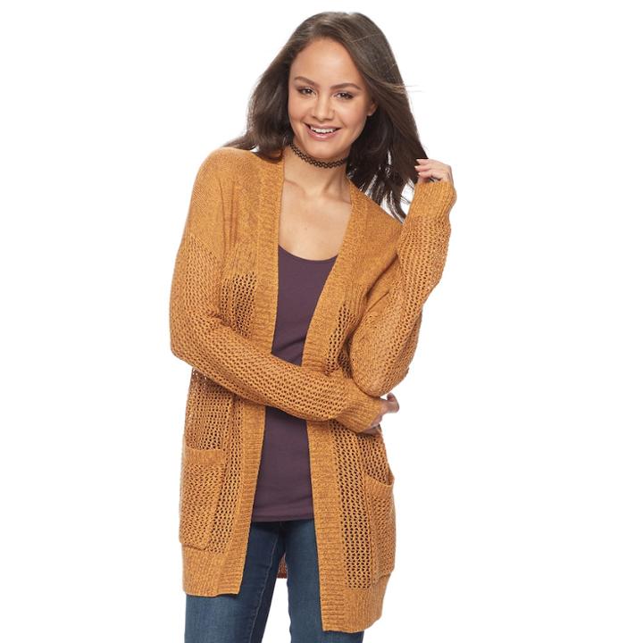 Juniors' So&reg; Drop Shoulder Open Stitch Cardigan, Teens, Size: Small, Gold
