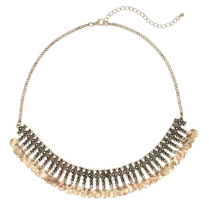 Antiqued Disc Fringe Necklace, Women's, Gold