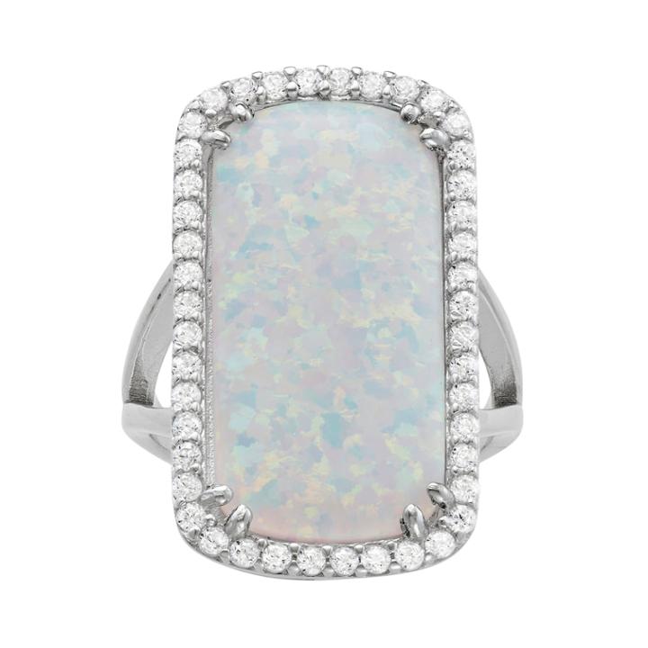 Sterling Silver Lab-created Opal Rectangle Halo Ring, Women's, Size: 5, White