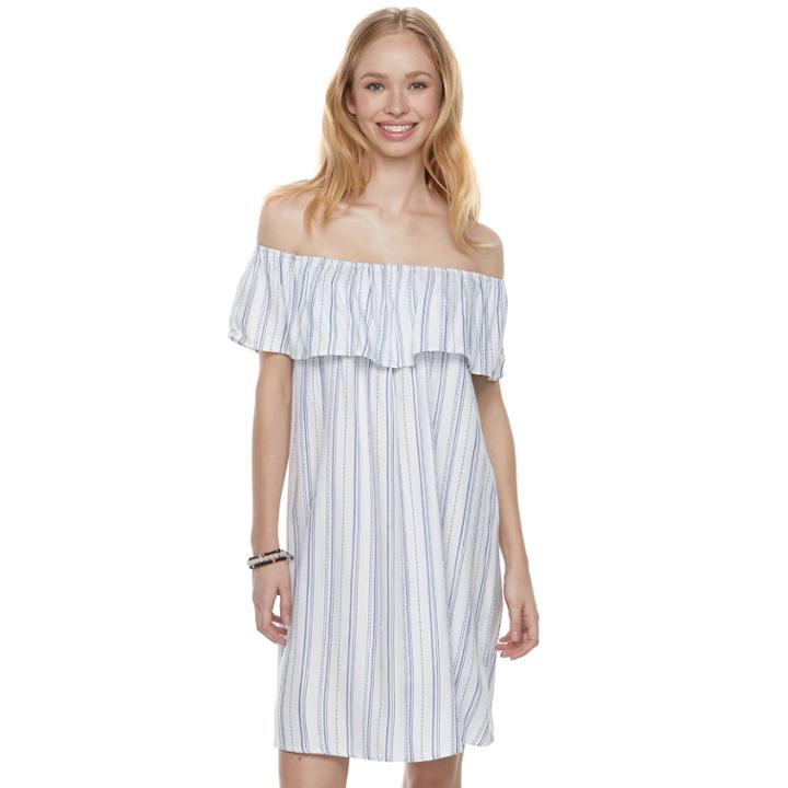 Juniors' Love, Fire Striped Off-the-shoulder Twill Dress, Teens, Size: Medium, White