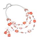 Silver Tone Simulated Crystal And Square Bead Multistrand Necklace And Drop Earring Set, Women's, Red Other