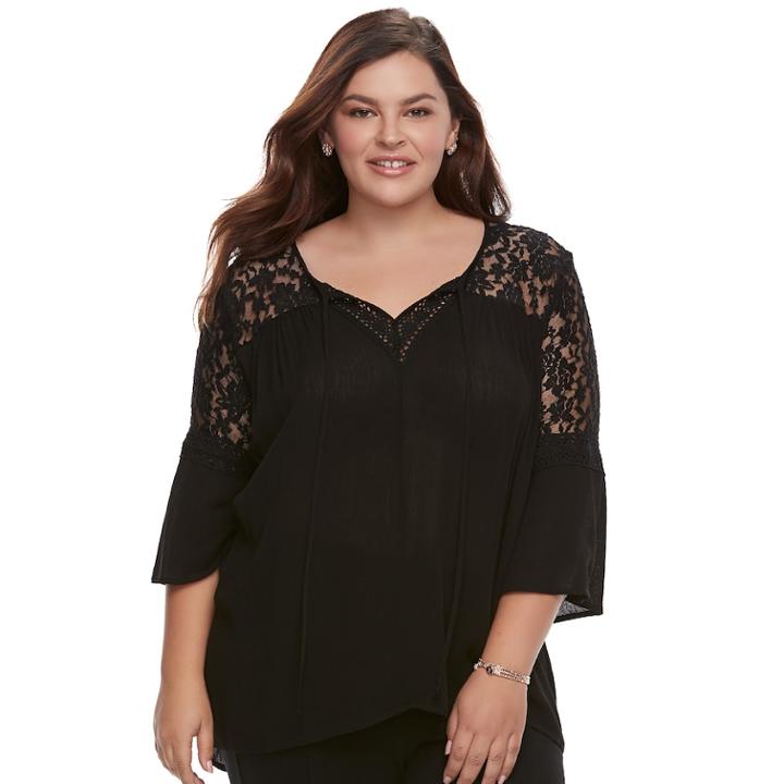 Juniors' Plus Size Liberty Love Lace Yoke Splitneck Top, Teens, Size: 2xl, Black
