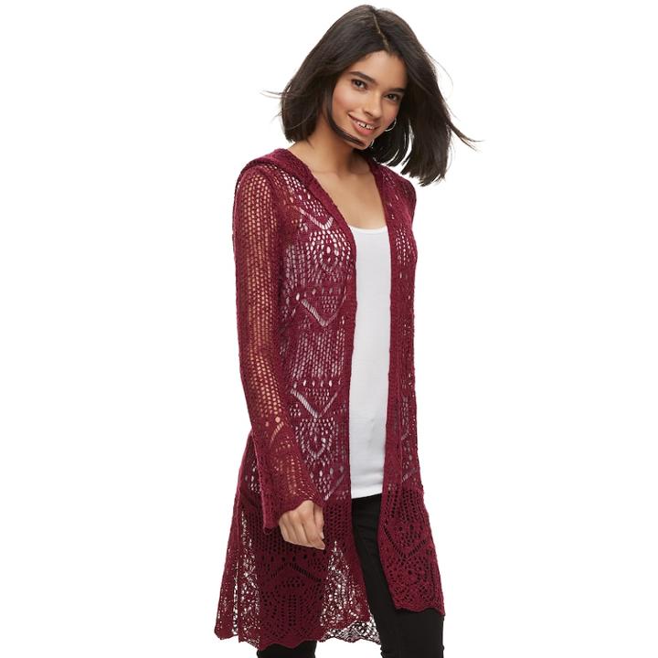 Juniors' It's Our Time Pointelle Hooded Cardigan, Teens, Size: Xs, Dark Red