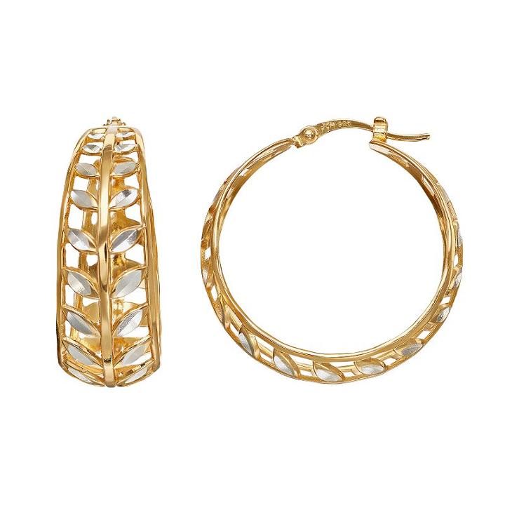 Silver Classics Two Tone Sterling Silver Leaf Hoop Earrings, Women's, Gold