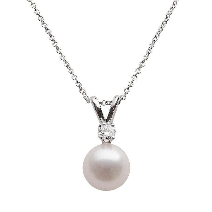 18k White Gold 1/10-ct. T.w. Diamond And Aa Akoya Cultured Pearl Pendant - 18 In, Women's, Size: 18