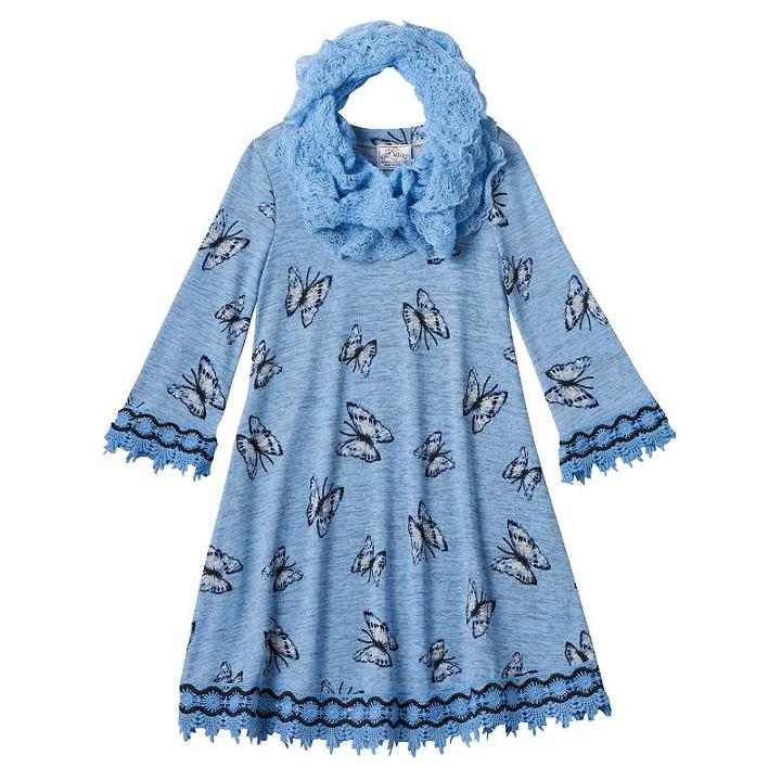 Girls 4-6x Knitworks Butterfly Dolman Hacci Dress With Crochet Lace Infinity Scarf, Girl's, Size: 4, Blue