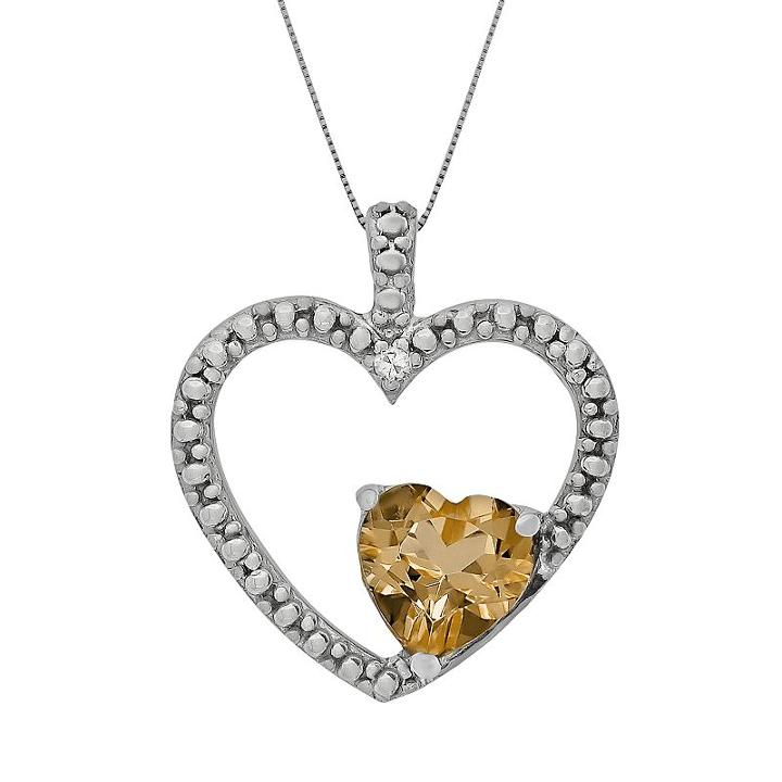 Sterling Silver Citrine And Diamond Accent Heart Pendant, Women's, Size: 18, Orange