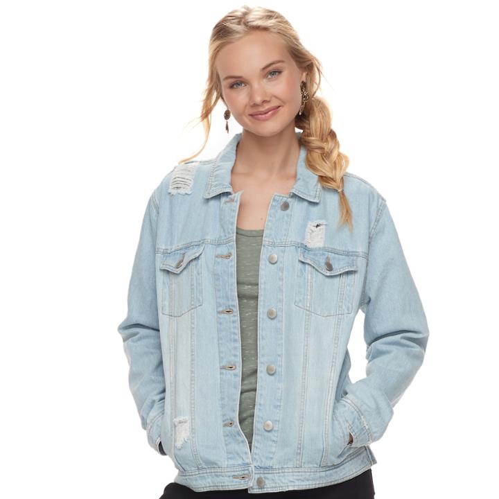 Juniors' Love, Fire Oversized Love Ripped Jean Jacket, Teens, Size: Large, Brt Blue