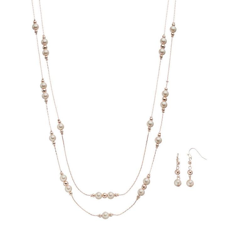 Simulated Pearl Double Strand Station Necklace & Drop Earring Set, Women's, Med Pink