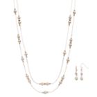 Simulated Pearl Double Strand Station Necklace & Drop Earring Set, Women's, Med Pink