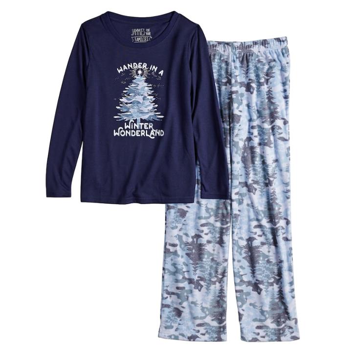 Girls 7-16 Jammies For Your Families Holiday Camouflage Wander In A Winter Wonderland Top & Microfleece Bottoms Pajama Set, Size: 14, Lt Purple