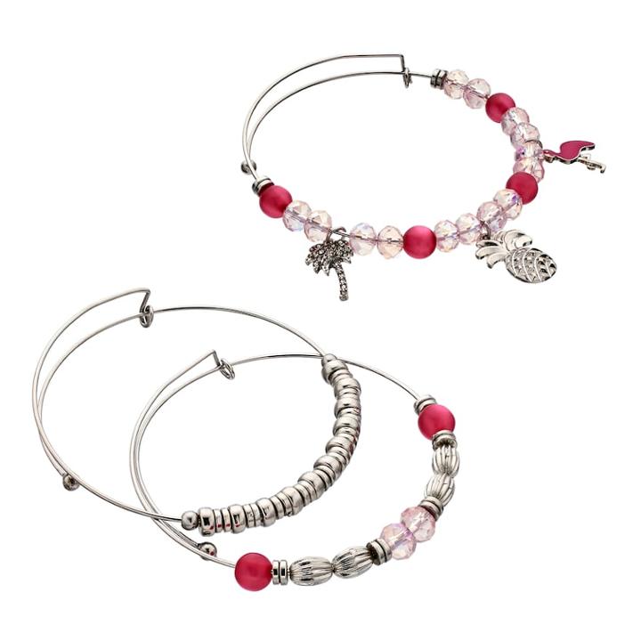 Flamingo, Palm Tree & Pineapple Charm Bangle Bracelet Set, Women's, Pink
