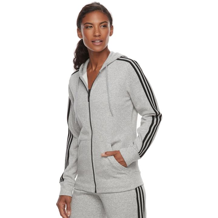 Women's Adidas Essential Fleece 3 Stripe Zip-up Hoodie, Size: Xl, Med Grey
